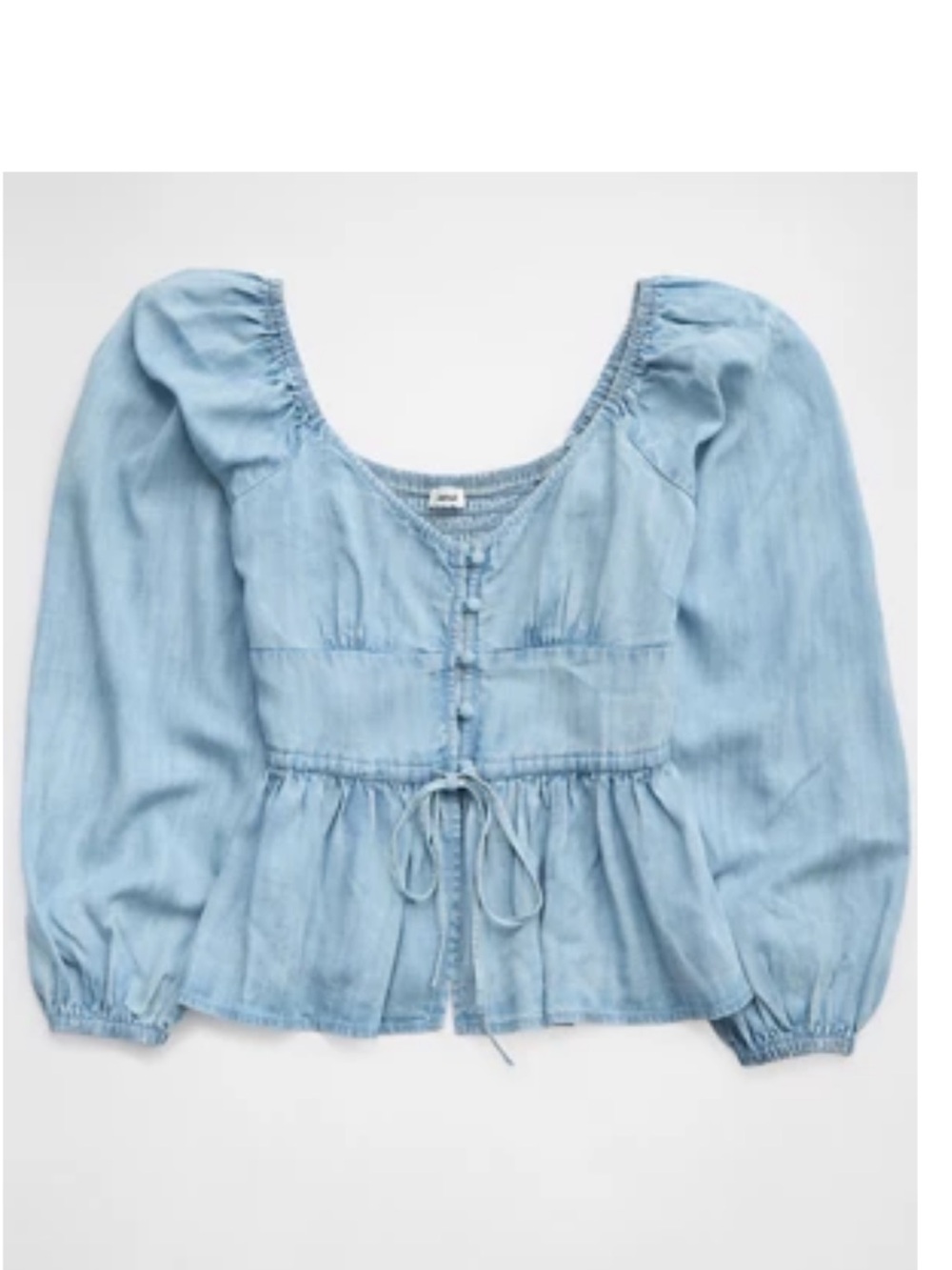aerie Light Blue Button-Front Peasant Top with Tie Waist